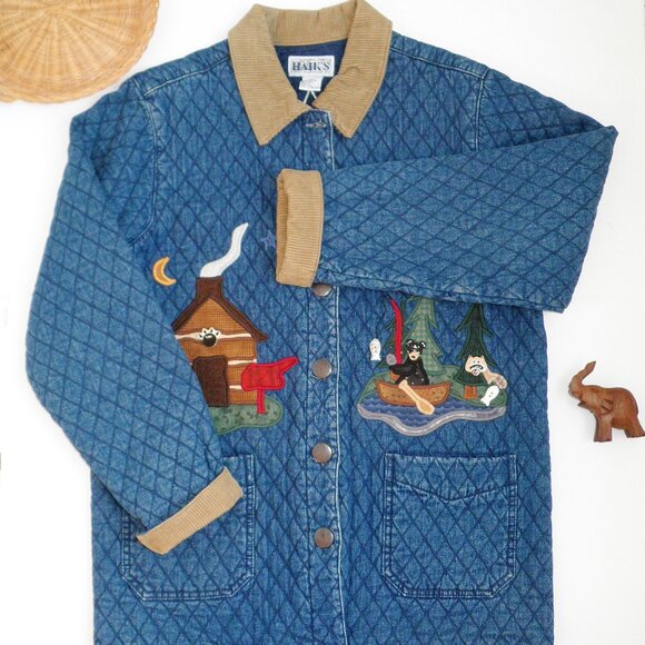 HAIK Jackets & Blazers - Vintage 1990s HAIKS Quilted Denim Chore Jacket w/ BEARS & Corduroy Collar M